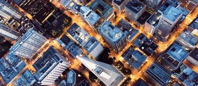 aerial view at night of San Francisco skyline